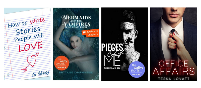 Book covers for How to Write Stories People Will Love, Mermaids and the Vampires Who Love Them, Pieces Of Me, and Office Affairs