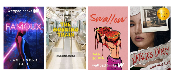 Book covers for Famoux, The Morning Train, Swallow, and Natalie's Diary