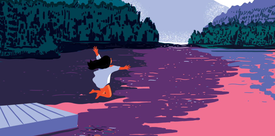 Woman jumping into lake