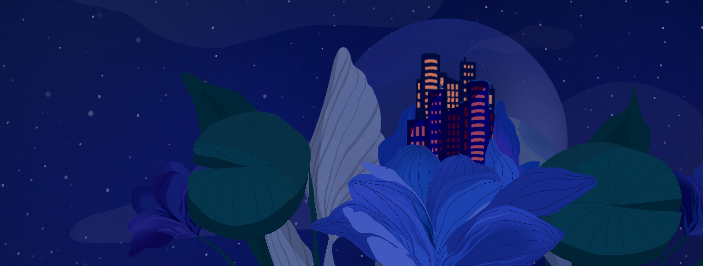 Illustrated city sitting on flowers at night