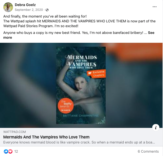 Debra Goelz, author of Mermaids and the Vampires Who Love Them, Facebook post promoting her book as a Wattpad Paid Story