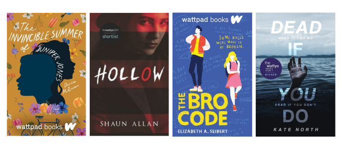 Book covers for The Invincible Summer of Juniper Jones, Hollow, The Bro Code, and Dead If You Do