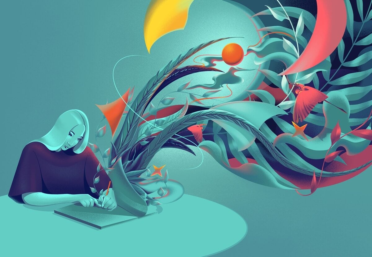 Words flying out of a book